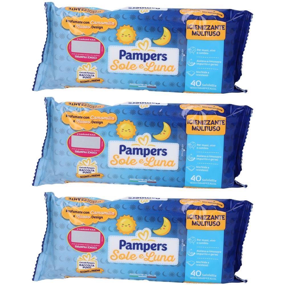 Tre pacchi di salviette Pampers Sole e Luna con design sole e luna. Ogni pacco contiene 40 salviette.