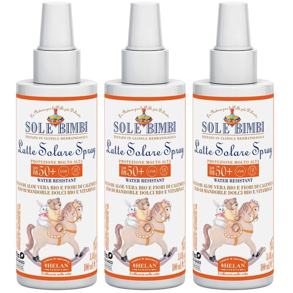 Tre flaconi spray Helan Sole Bimbi Latte Solare SPF 50+ con disegno infantile.