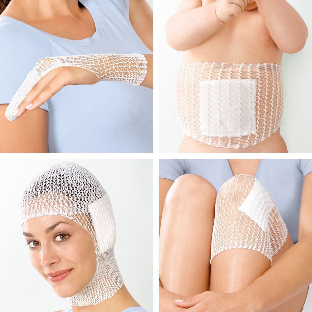 Esempi di applicazione della benda tubolare elastica su mano, addome, testa e ginocchio.