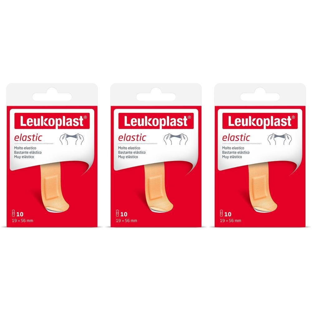 Tre confezioni di cerotti Leukoplast Elastic, 10 cerotti ciascuno, 19x56mm.