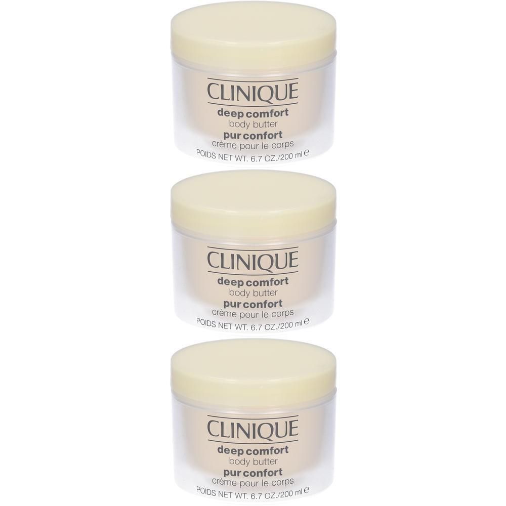 Tre vasetti di burro corpo Clinique Deep Comfort con tappi gialli.