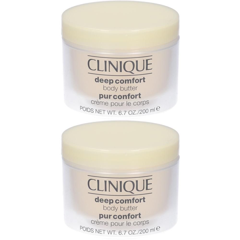 Due vasetti di burro corpo Clinique Deep Comfort con coperchi color crema. I contenitori trasparenti mostrano etichette color crema con informazioni sul prodotto.