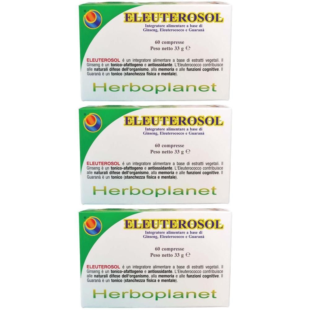 Tre confezioni di Eleuterosol di Herboplanet, ciascuna da 60 compresse.