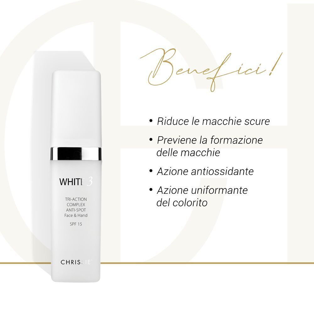 Flacone bianco con dispenser a pompa, Chrissie White 3 Tri-Action Complex Anti-Spot Face & Hand SPF 15. Testo elenca benefici.