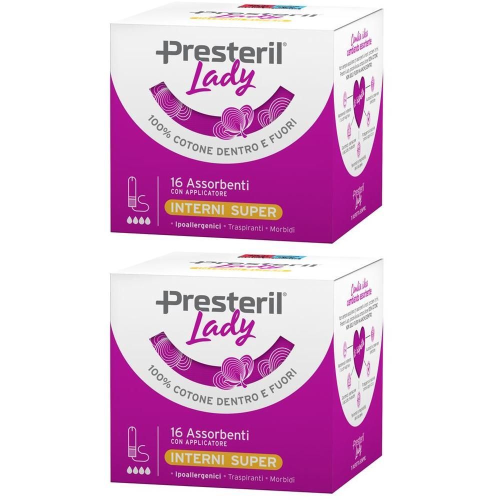 Due confezioni di assorbenti interni Presteril Lady, 16 pezzi con applicatore, Super.