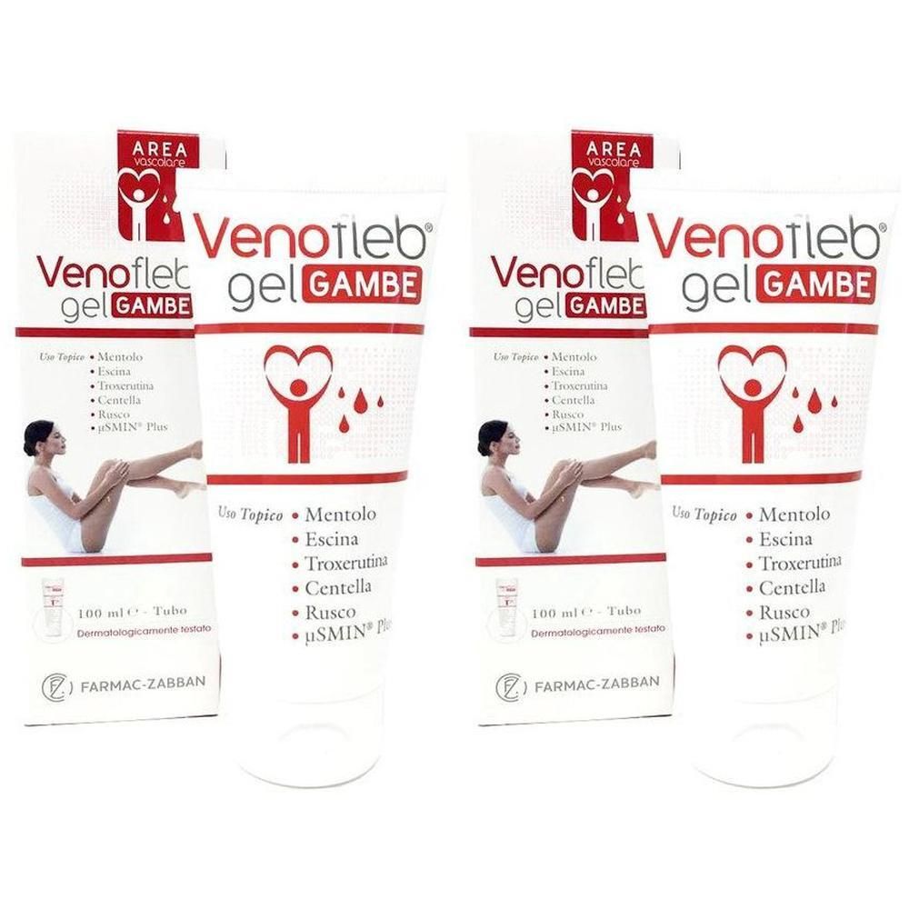 Due tubi di Venofleb Gel Gambe con illustrazioni di gambe femminili e ingredienti.