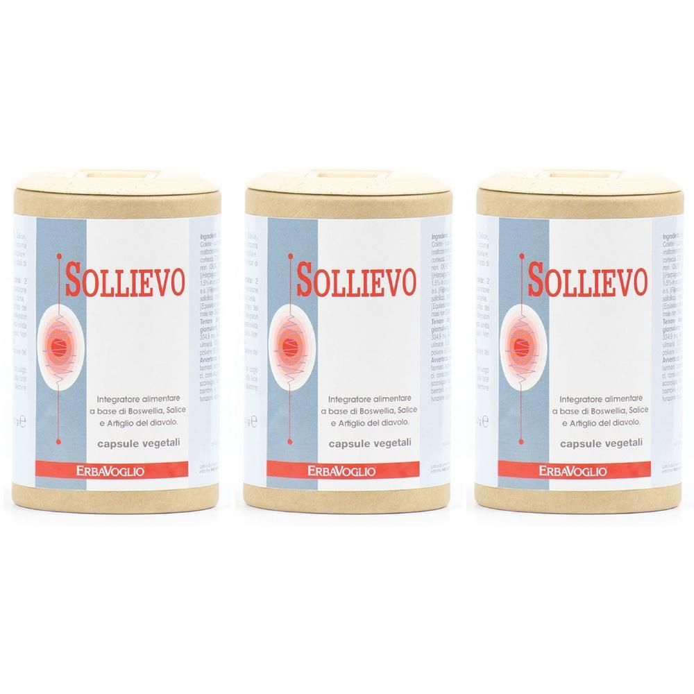Tre barattoli di Sollievo, capsule vegetali, con simbolo cerchio rosso e logo ErbaVoglio.