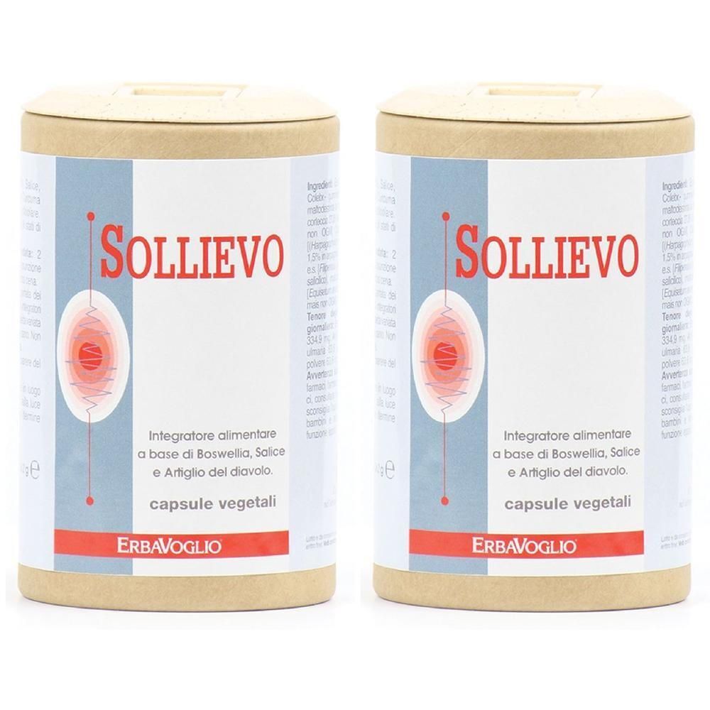 Due contenitori di capsule Sollievo, vegetali, con logo Erba Vglio.