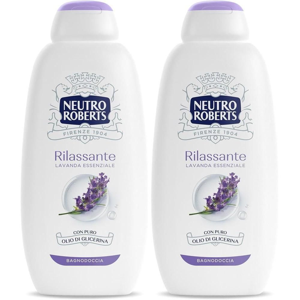 Due flaconi bianchi di bagnoschiuma Neutro Roberts con immagine di lavanda e tappo viola.