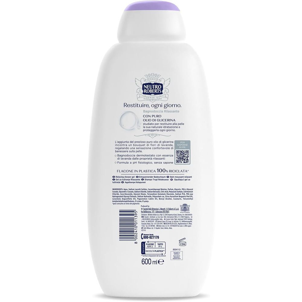 Flacone bianco di bagnoschiuma con tappo viola. Contiene 600 ml. Retro con informazioni sul prodotto e codice a barre.