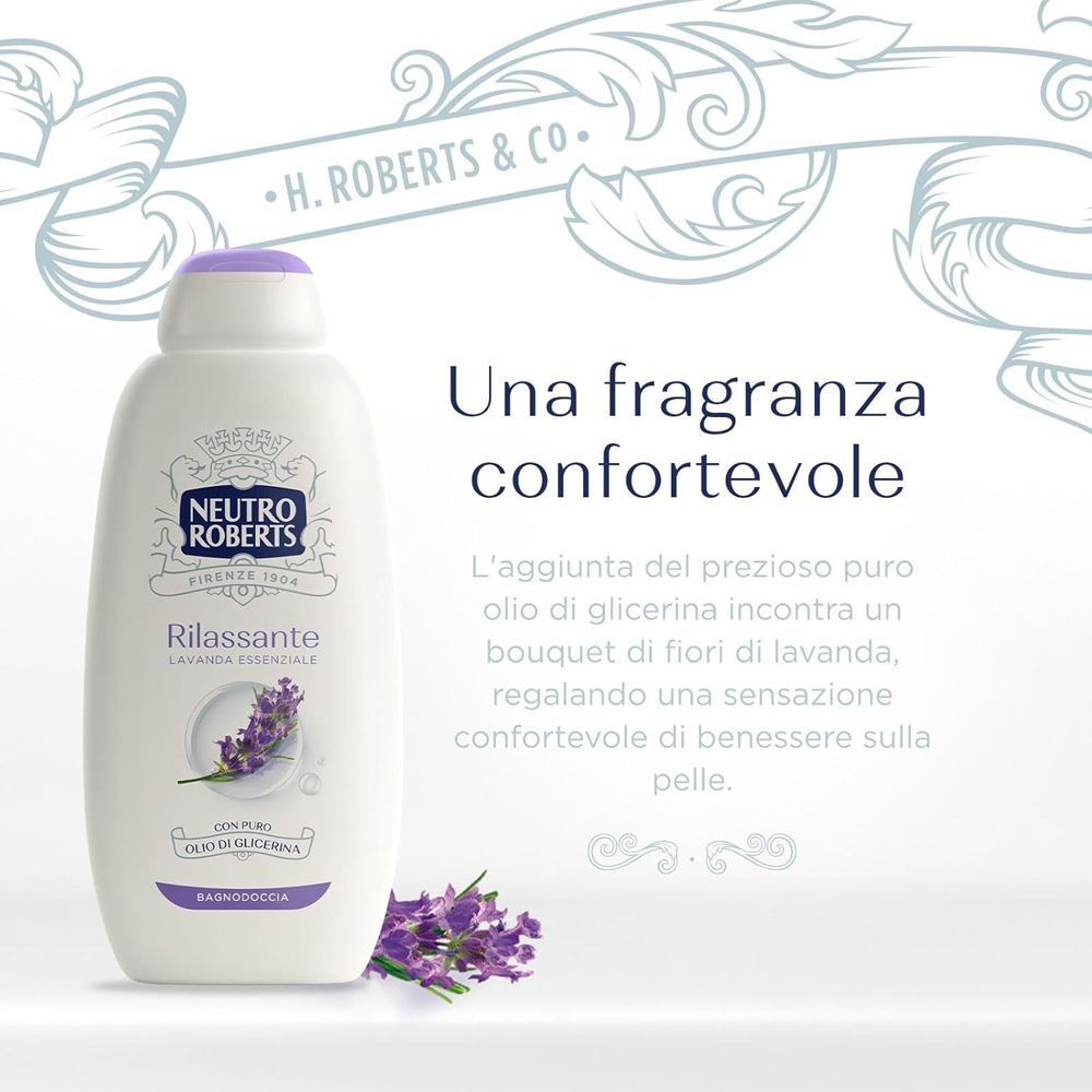 Flacone bianco di bagnoschiuma Neutro Roberts con immagine di lavanda e tappo viola. Contiene olio di lavanda.