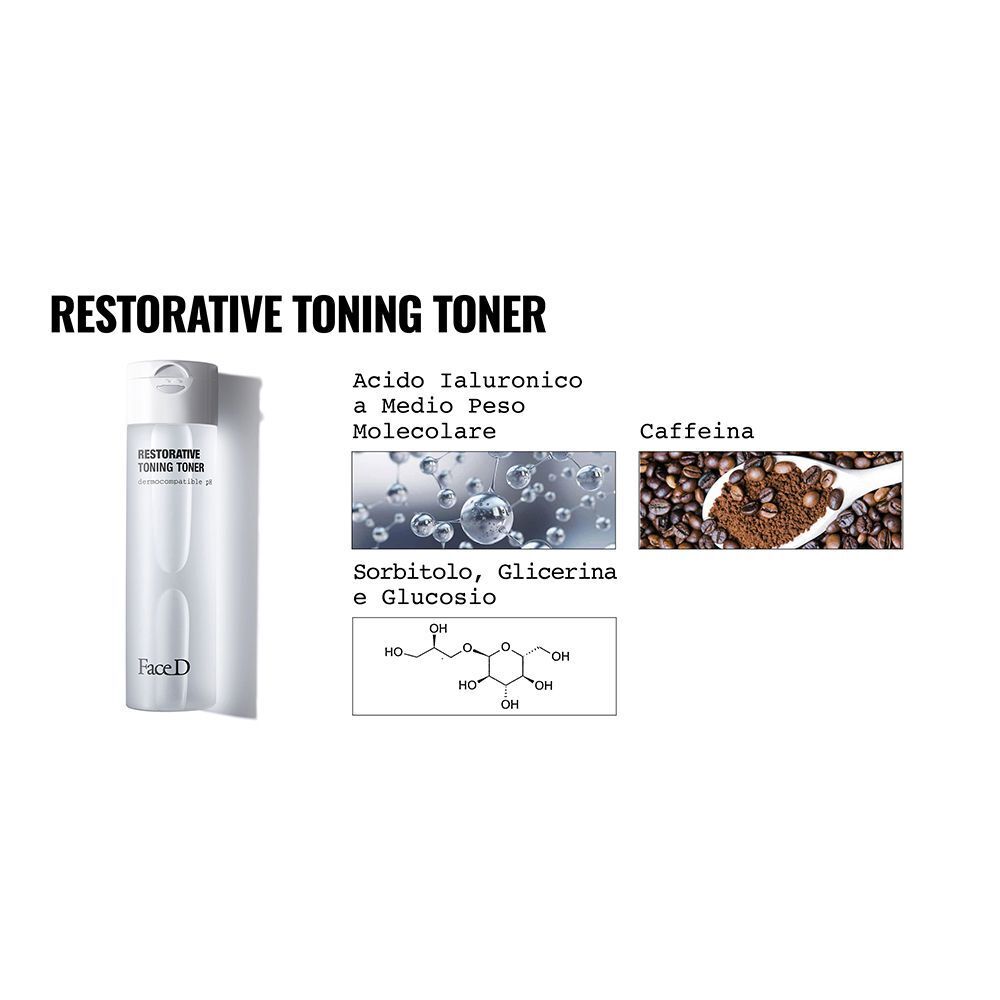 Face D Restorative Toning Toner: flacone, struttura molecolare, chicchi di caffè e ingredienti.