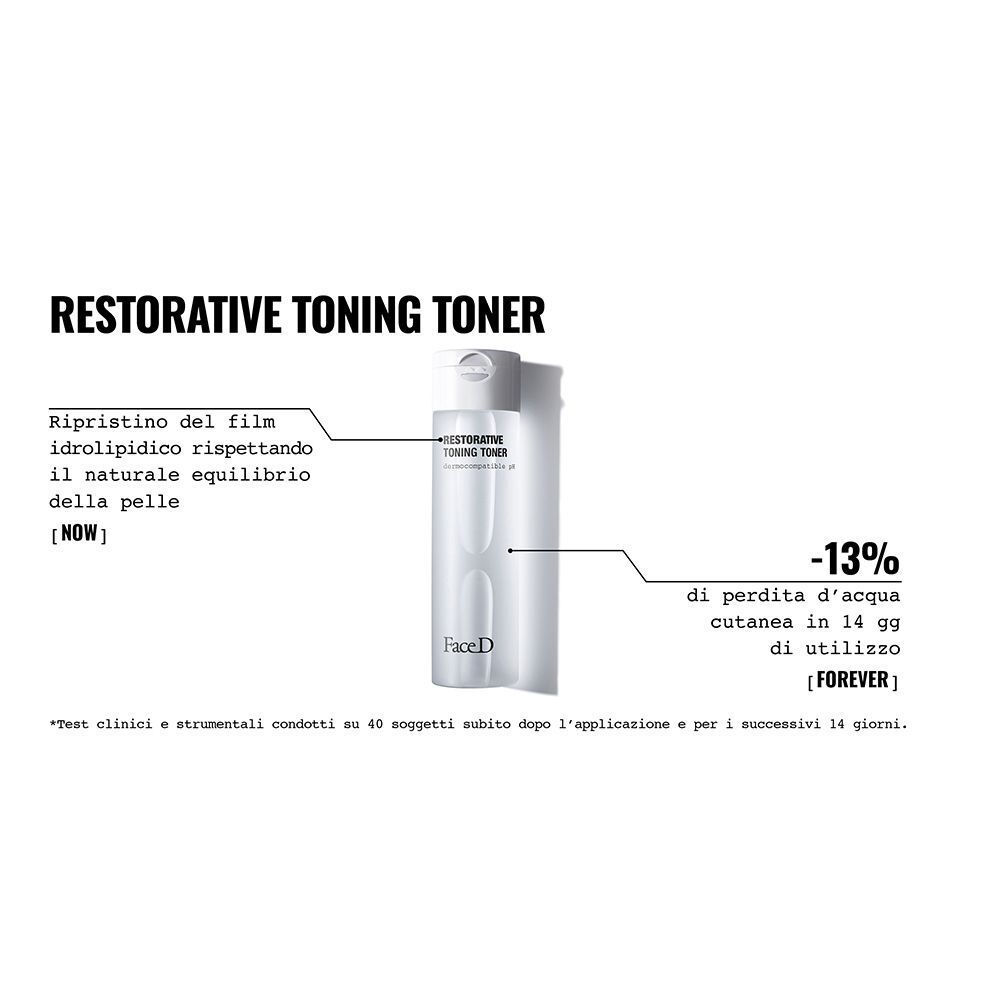 Face D Restorative Toning Toner con testo sull'idratazione della pelle e risultati clinici.