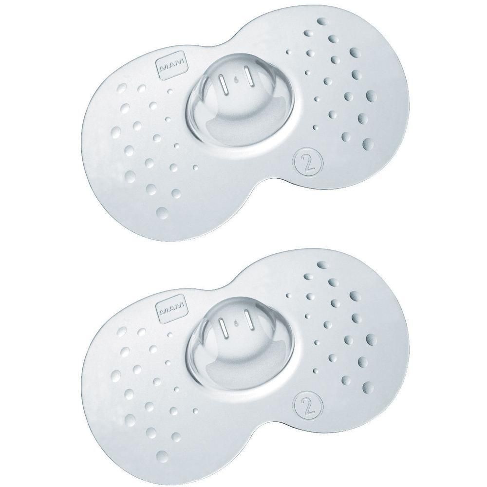 Due paracapezzoli trasparenti con fori di ventilazione e logo MAM. Misura 2.