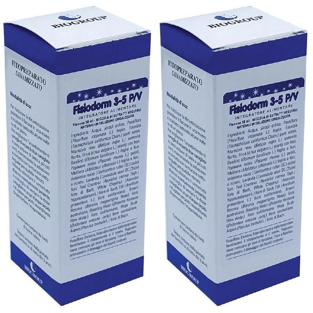 Due confezioni di Fisiodorm 3-5 P/V, soluzione idroalcolica. Scatola in cartone con dettagli blu e bianchi.