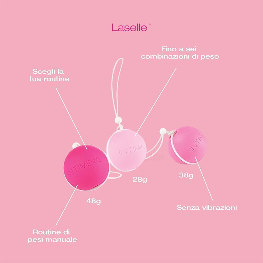 Tre sfere per esercizi di Kegel rosa di pesi diversi: 48g, 28g e 38g, con cordini.