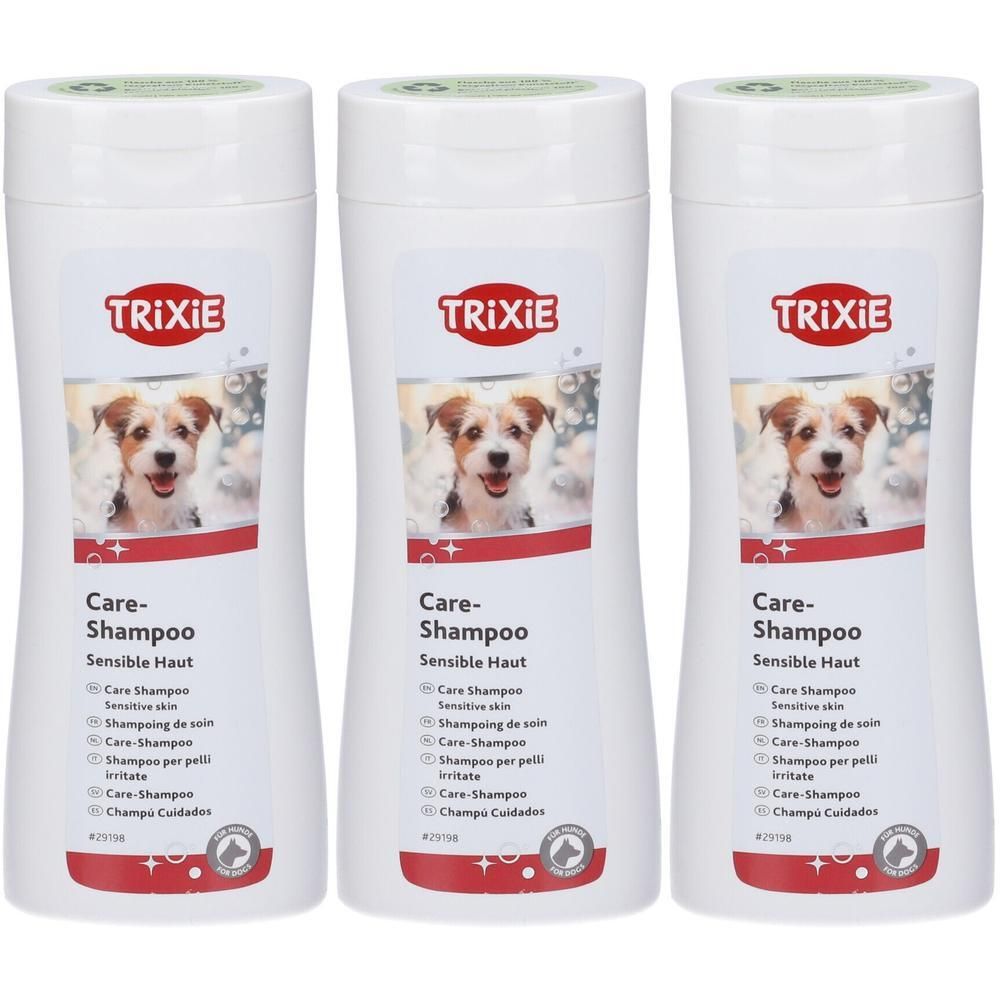 Tre flaconi di Trixie Care-Shampoo per pelli sensibili.