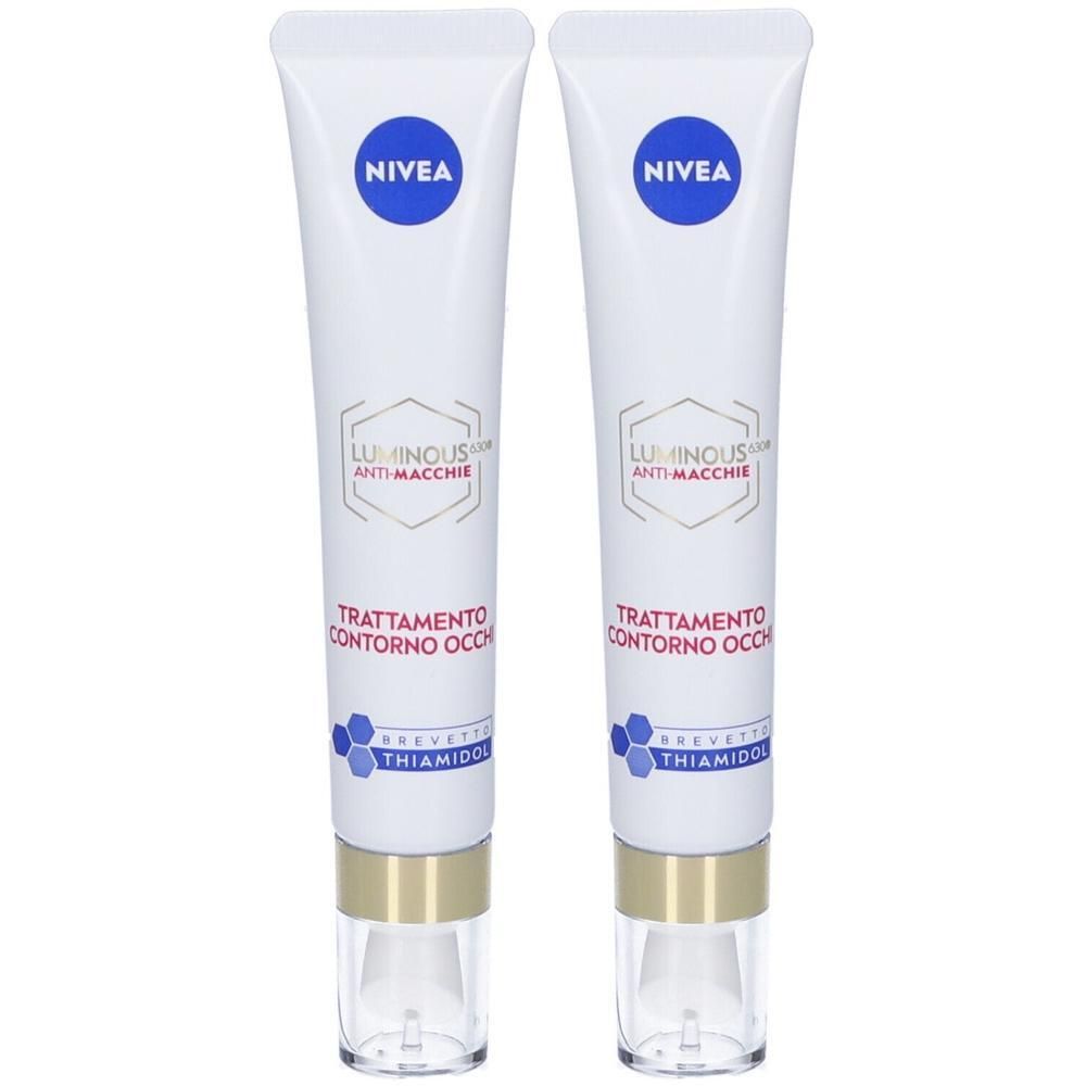 Due tubetti Nivea Cellular Luminous Anti Macchie Trattamento Contorno Occhi, con dettagli oro e blu.