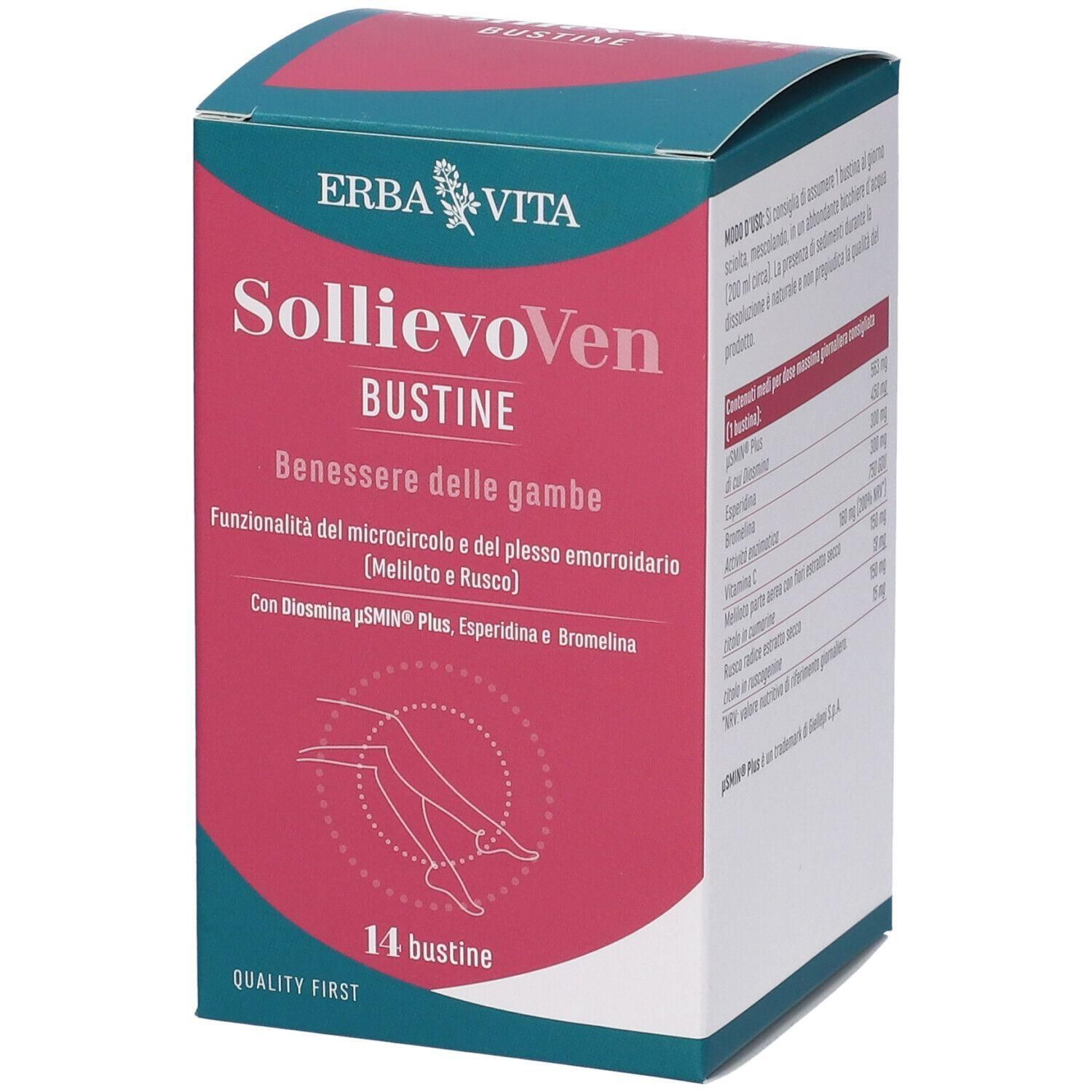 Confezione da 14 bustine, Erba Vita SollievoVen Bustine, per il benessere delle gambe.