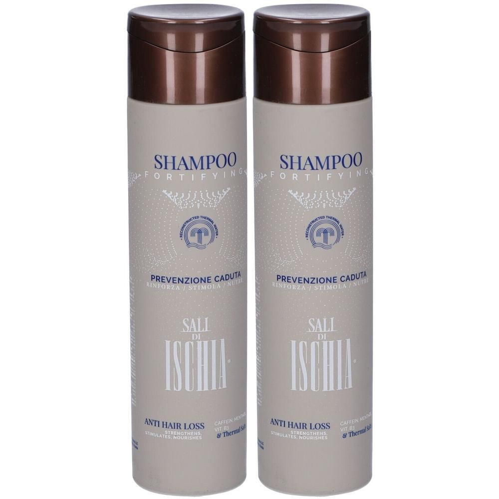 Due flaconi di shampoo "Sali di Ischia" per la prevenzione della caduta dei capelli.