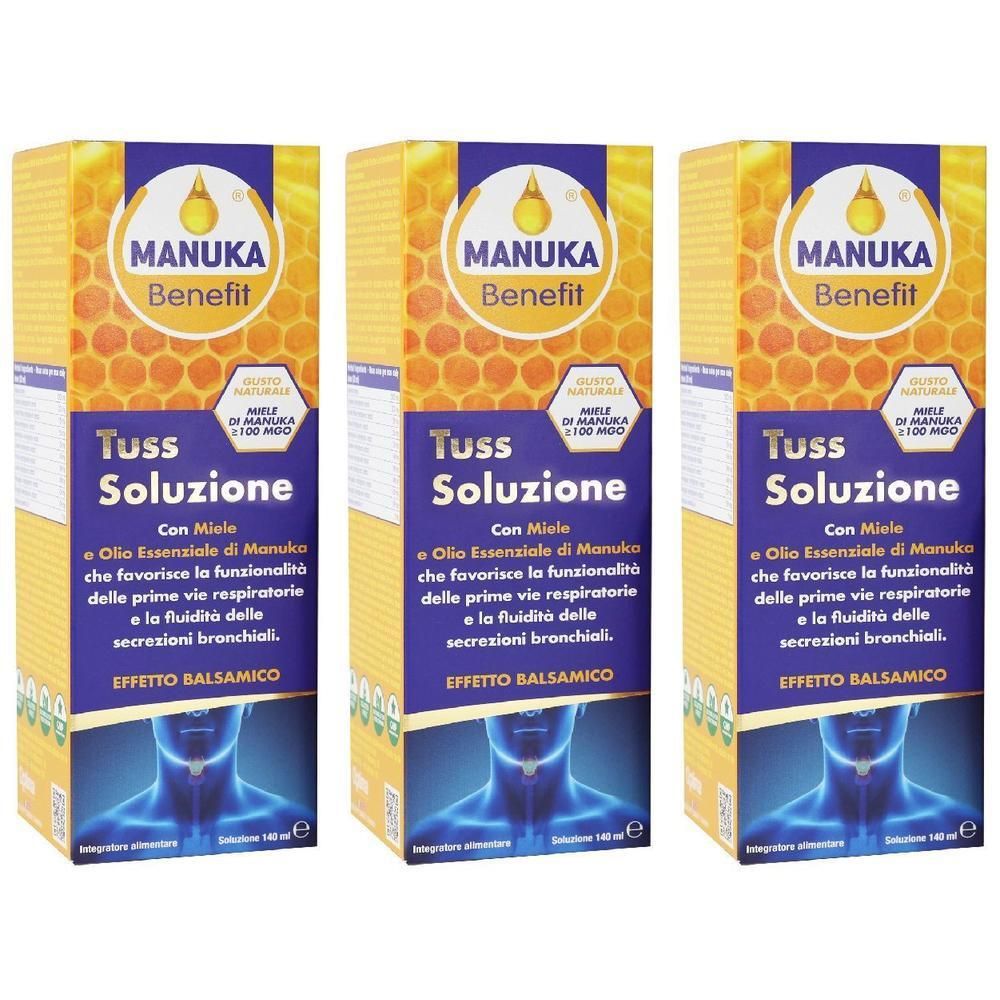 Tre confezioni di MANUKA Benefit Tuss Soluzione, scatole gialle e blu con motivo a nido d'ape e illustrazione di una gola.