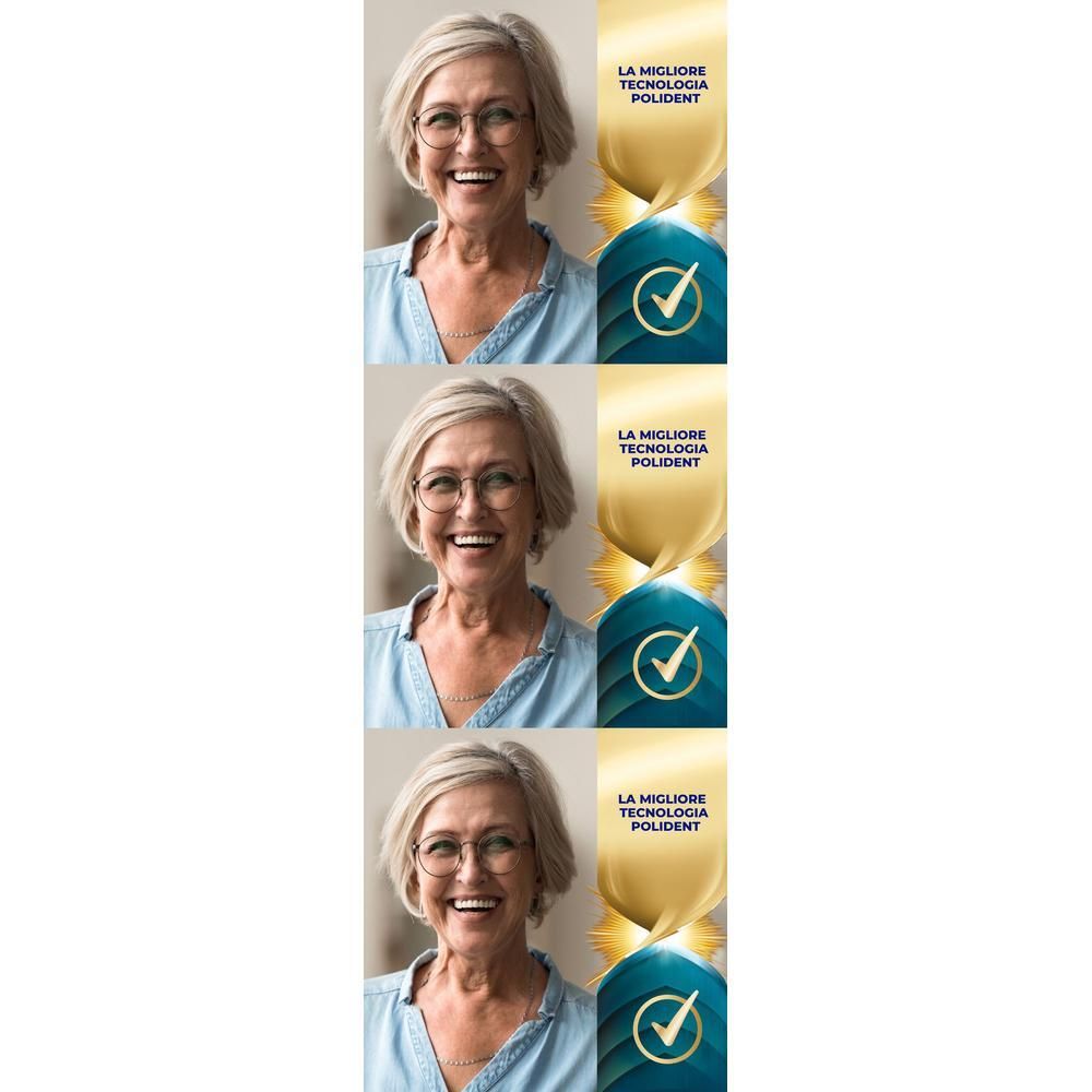 Donna anziana sorridente con occhiali e logo Polident.