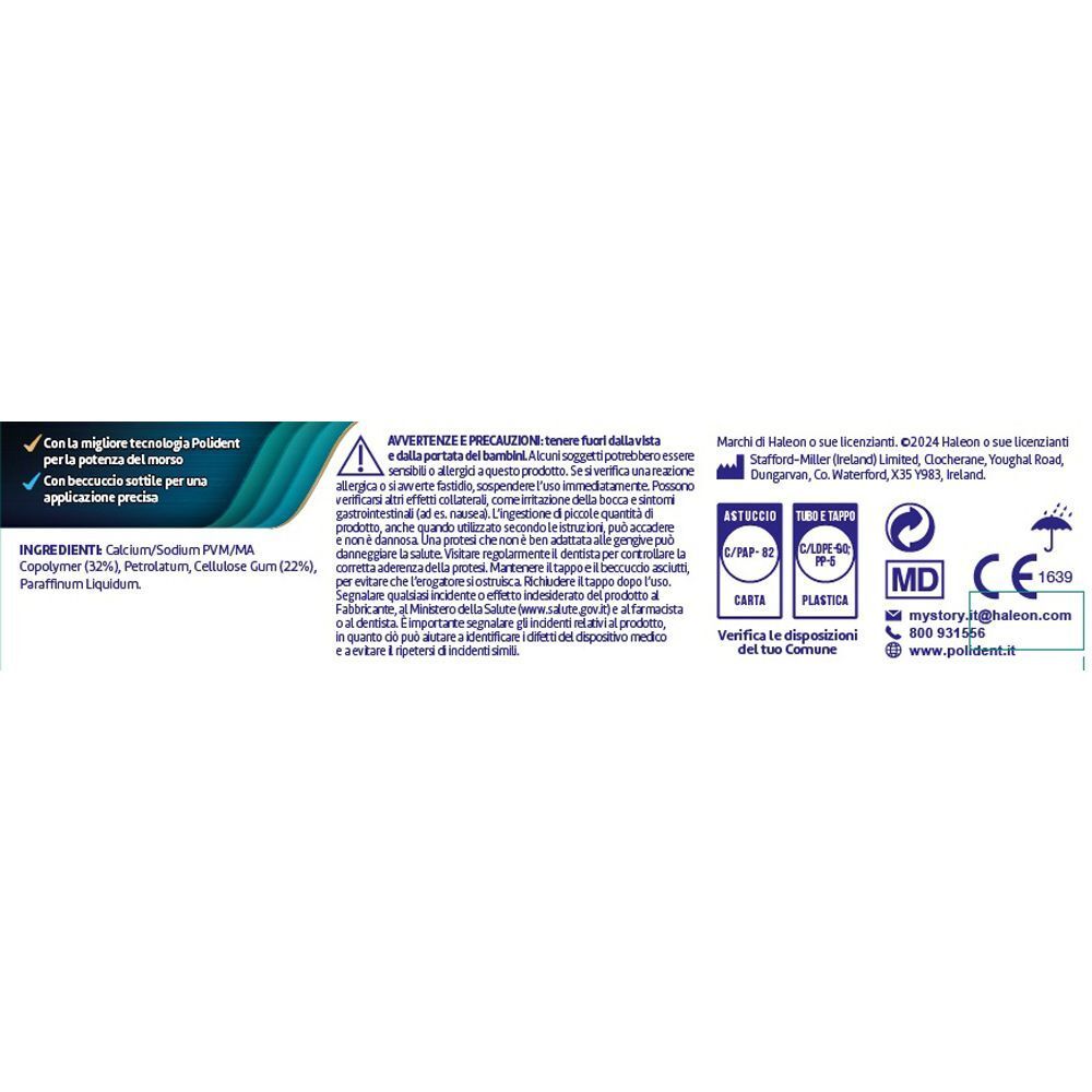 Etichetta con ingredienti, avvertenze, marchio CE e informazioni sul produttore.