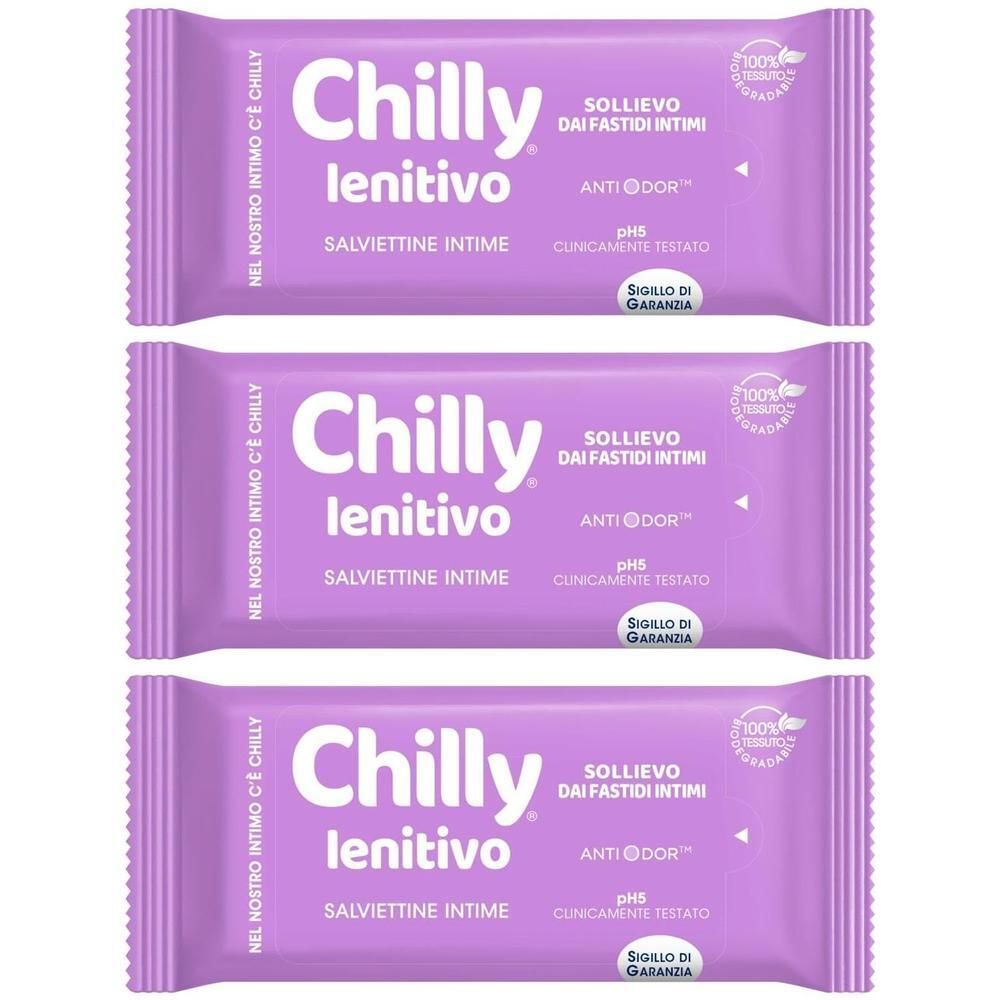 Tre confezioni di salviette intime Chilly Lenitive, colore viola.