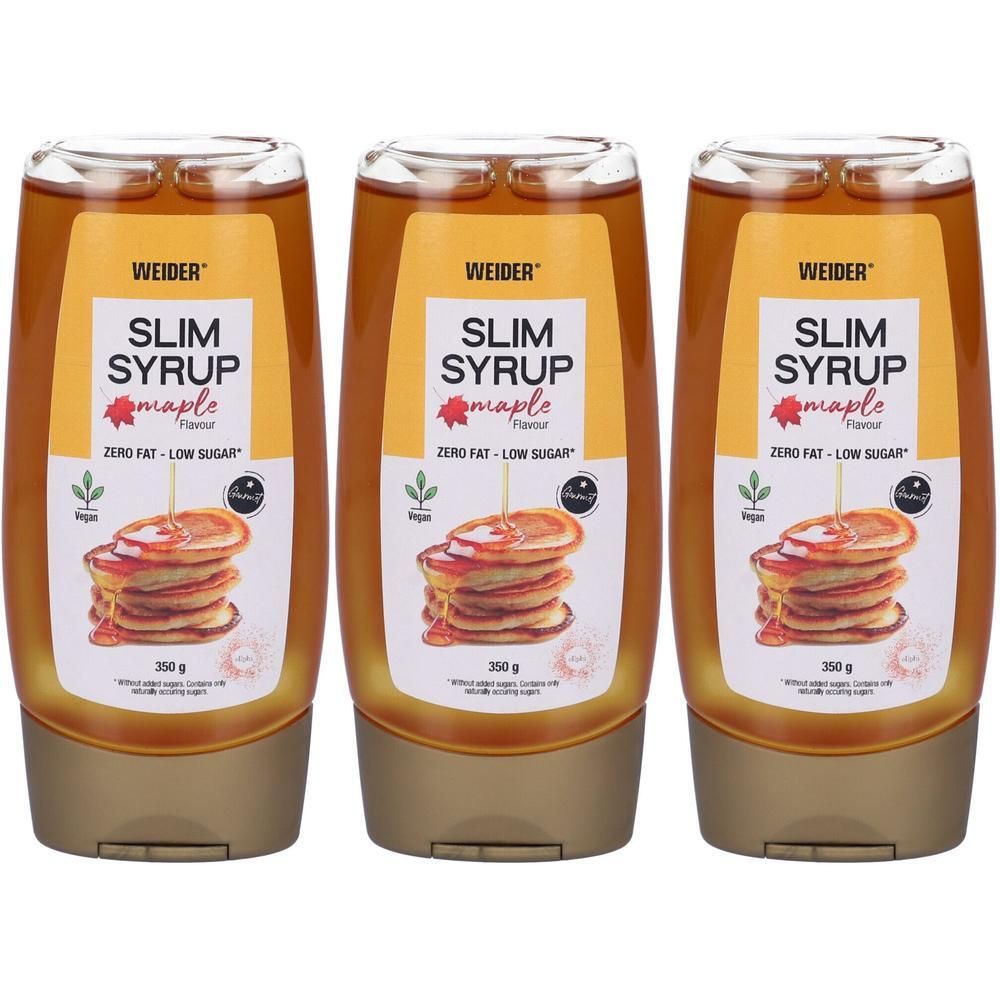 Tre bottiglie di Weider Slim Syrup sciroppo d'acero, 350g ciascuna. Senza zuccheri e a basso contenuto di grassi.