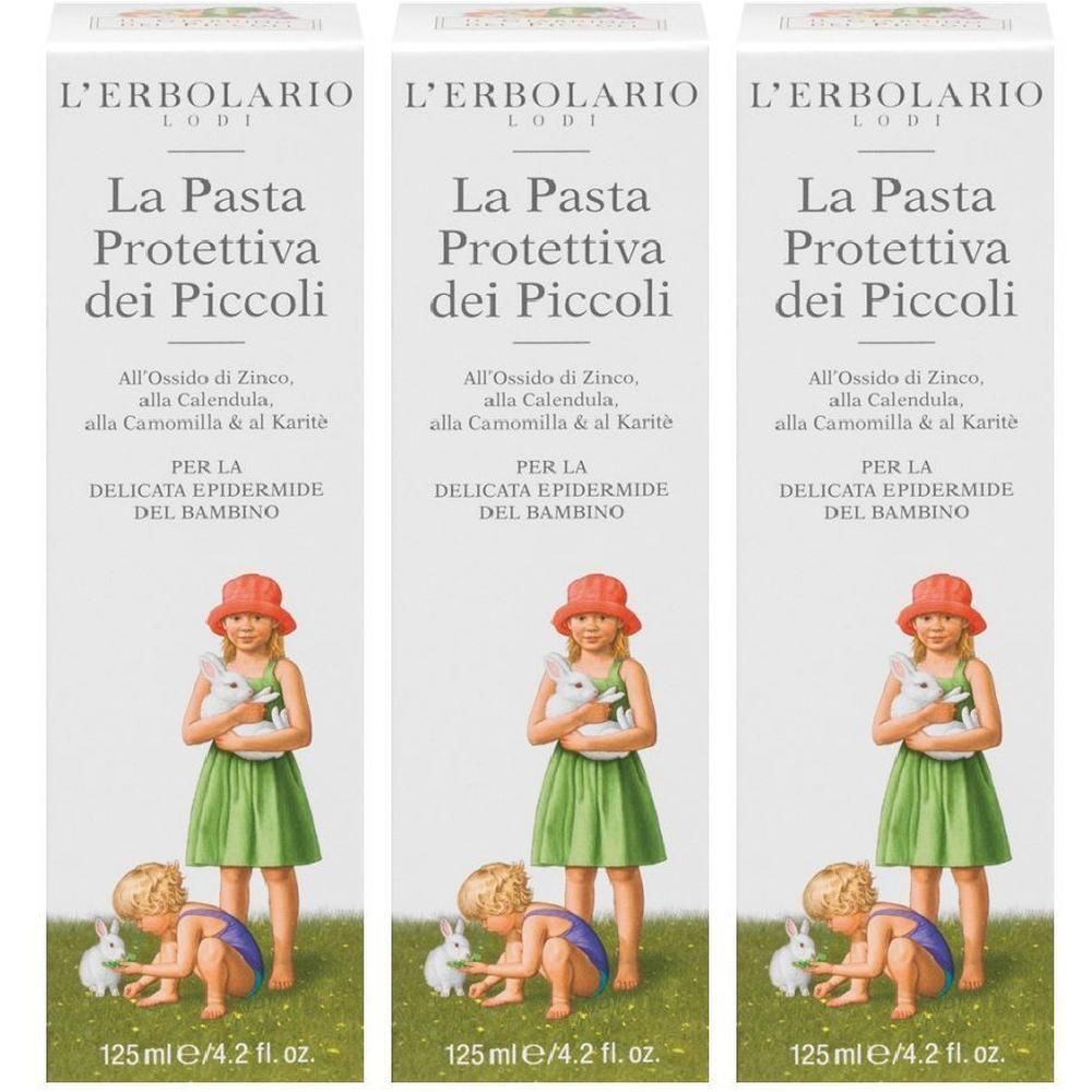 Tre confezioni di L'Erbolario La Pasta Protettiva dei Piccoli da 125 ml. Illustrazione di bambini e conigli.