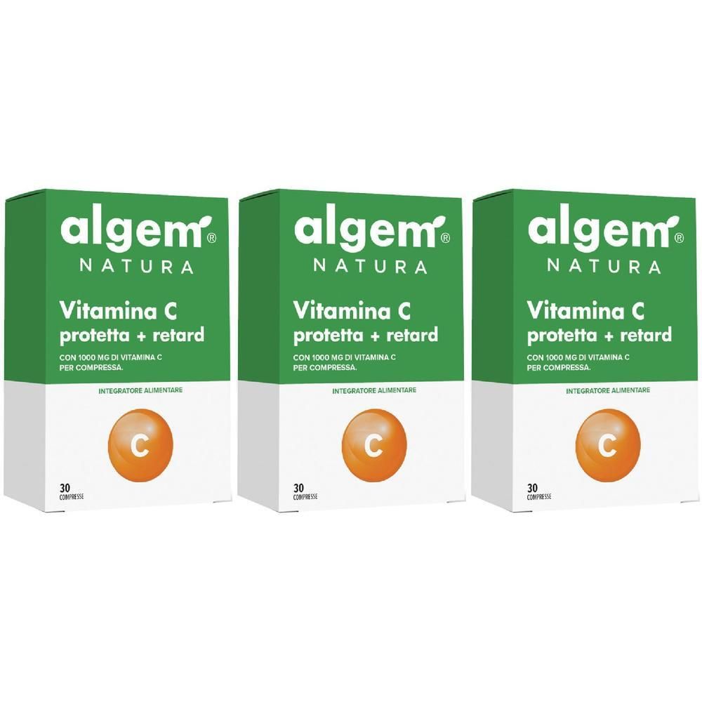 Tre confezioni di compresse Algem Natura Vitamina C Protetta + Retard, 30 compresse per confezione. Scatola verde e bianca con simbolo C arancione.