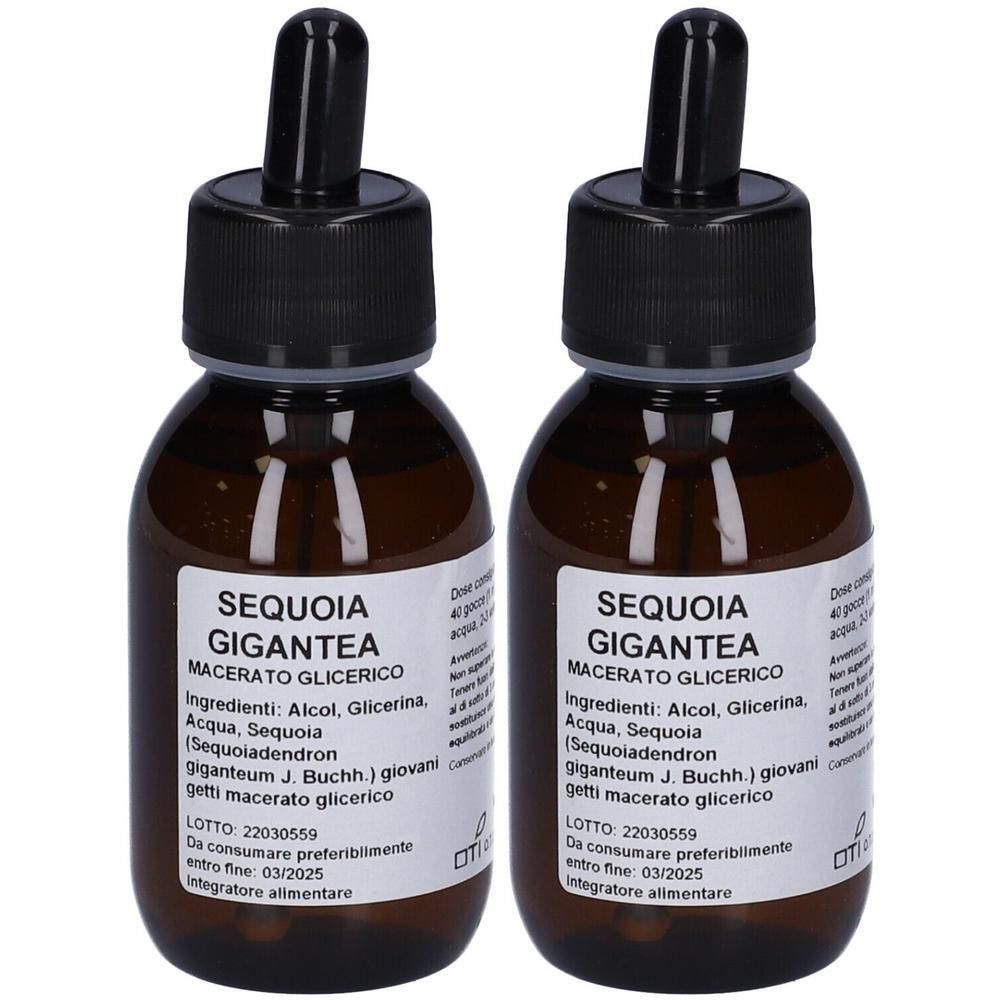 Due flaconi in vetro ambrato con contagocce. Etichette con "Sequoia Gigantea Macerato Glicerico" e ingredienti.