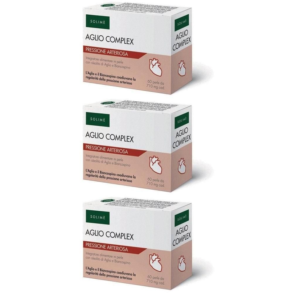Tre scatole di Aglio Complex, ognuna contenente 60 perle.