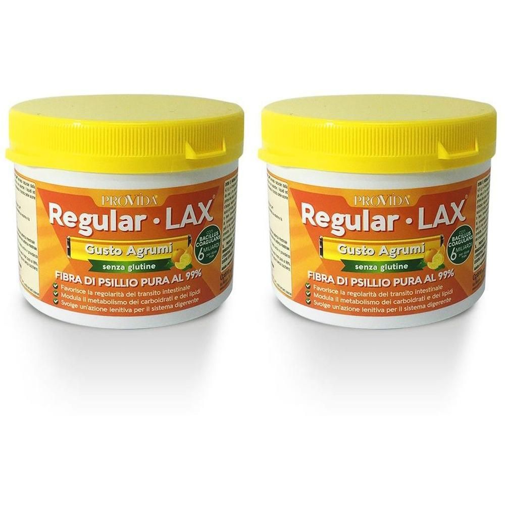 Due barattoli Provida Regular Lax gusto agrumi, 150g. Fibra di psillio per la digestione.