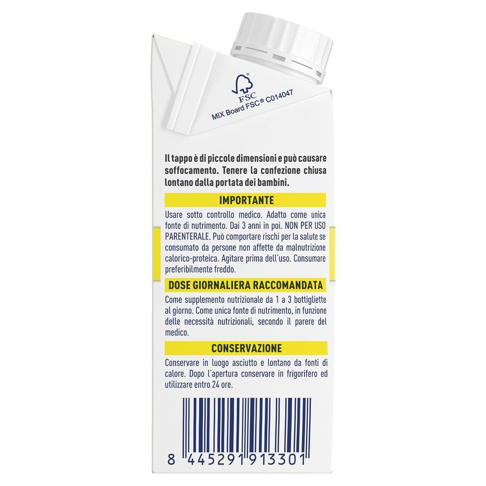Meritene Clinical Drink, vista laterale con avvertenza e logo FSC.