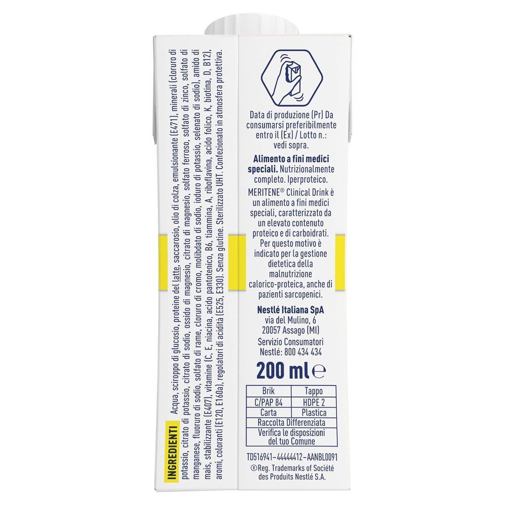 Meritene Clinical Drink, lato con ingredienti e dati del produttore.