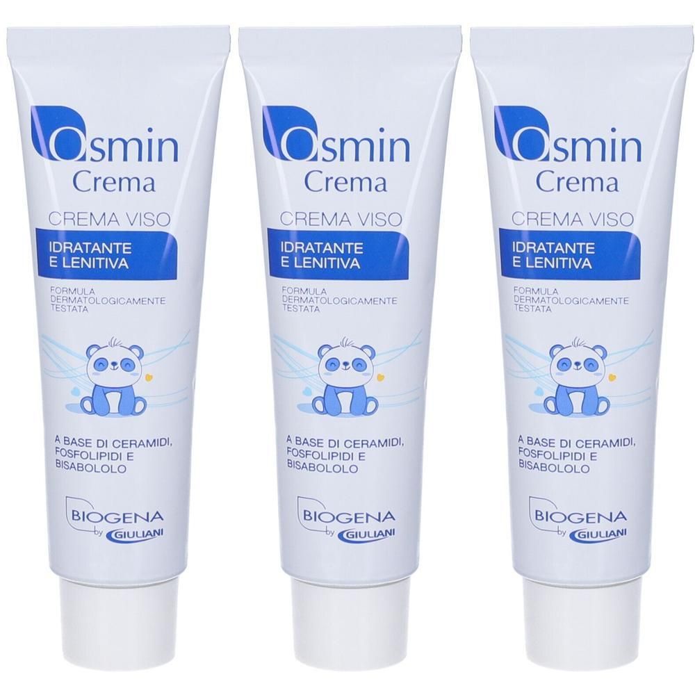 Tre tubetti di Osmin Crema viso, idratante e lenitiva, con disegno di un panda.