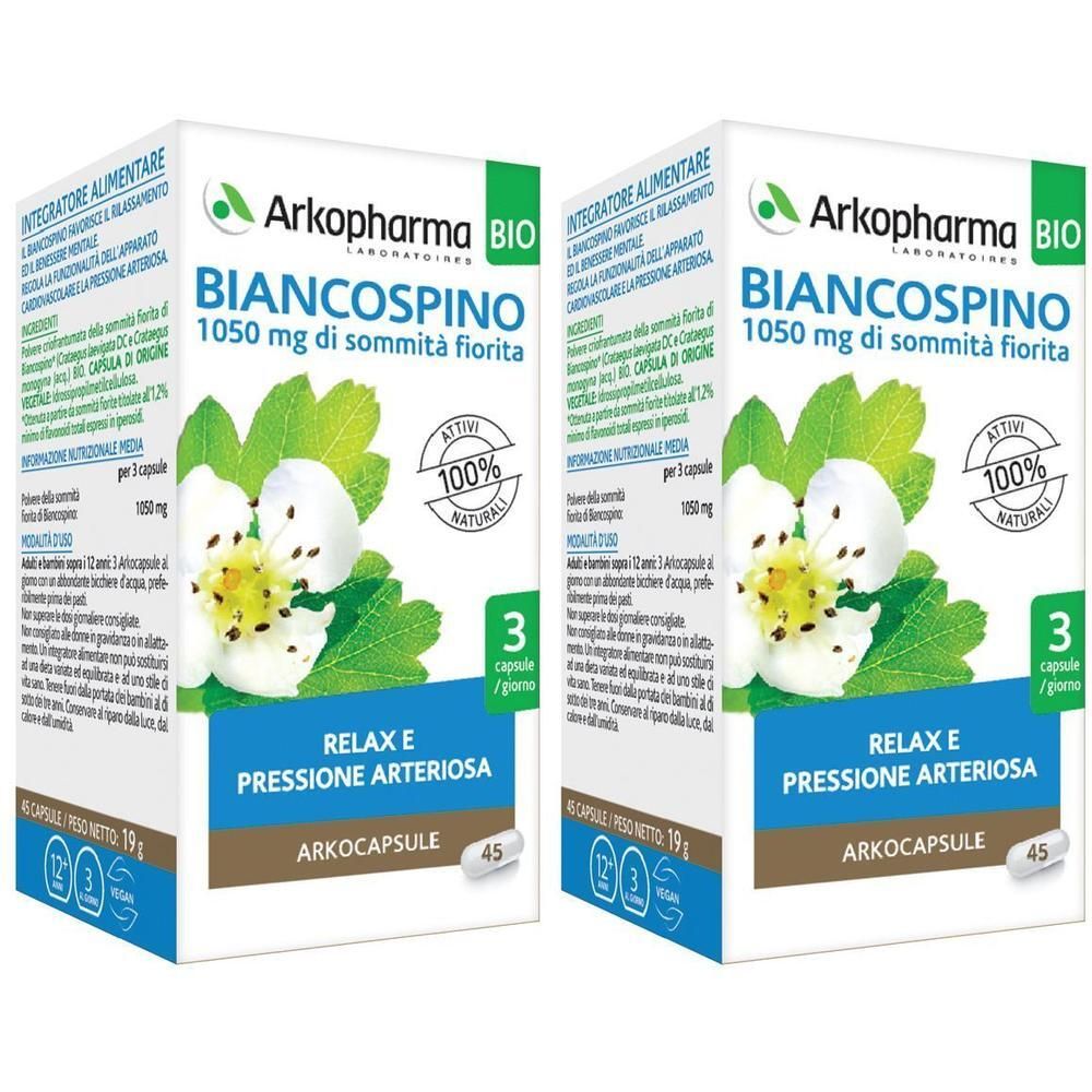 Due confezioni di Arkopharma Biancospino in capsule con sommità fiorita, 1050 mg per capsula. Per rilassamento e pressione arteriosa.