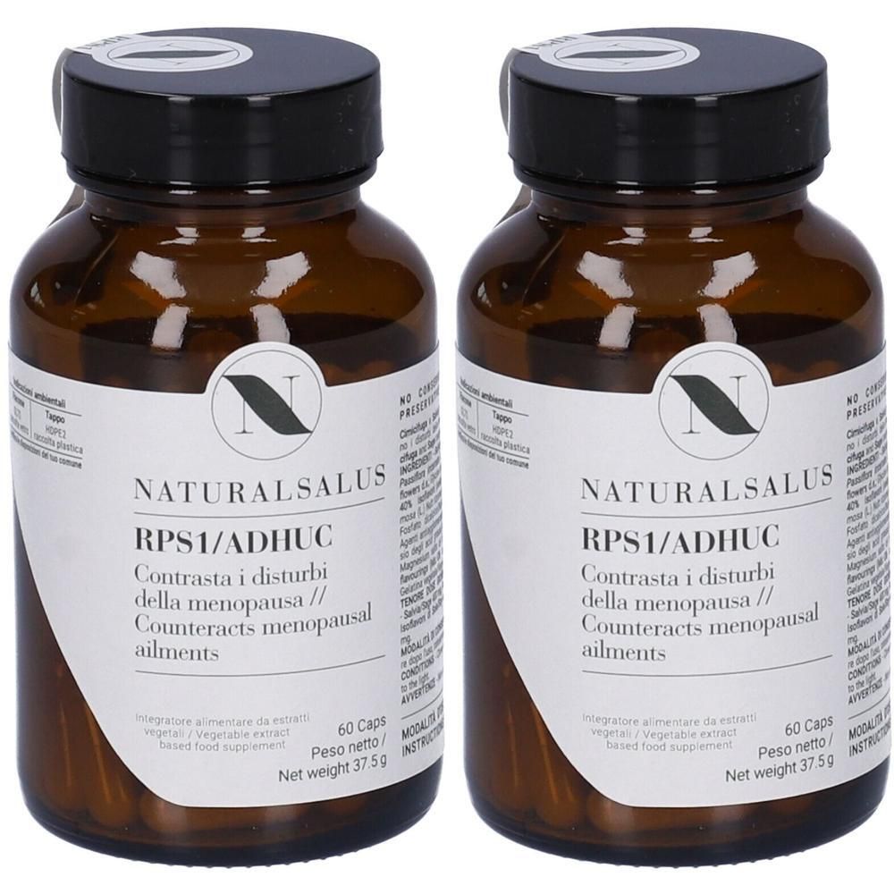 Due flaconi in vetro ambrato con tappi neri, contenenti capsule. Etichette riportano "NATURALSALUS RPS1/ADHUC".