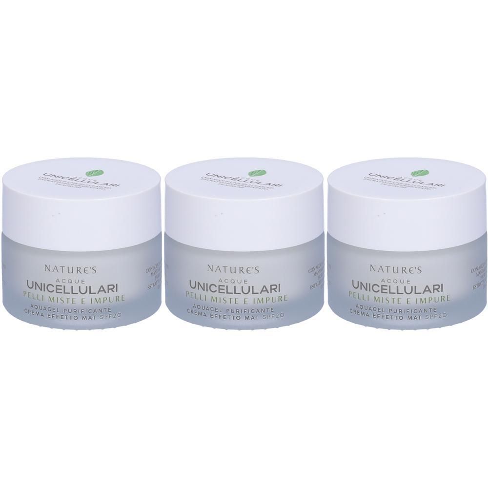 Tre vasetti di NATURE'S Acque Unicellulari Acquagel Purificante Crema Effetto Mat SPF20.