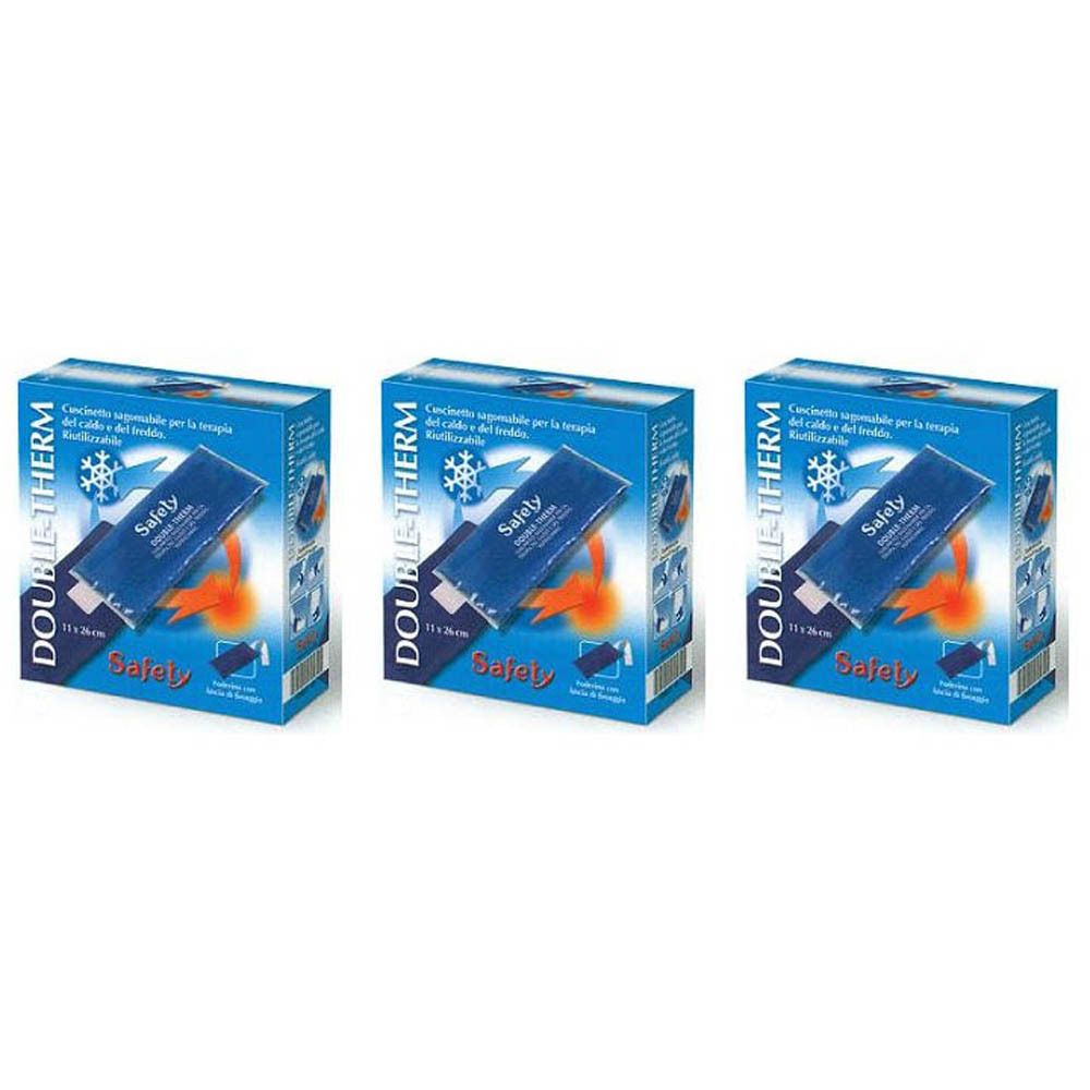 Tre confezioni di cuscinetti freddi DOUBLE-THERM. Cuscinetti blu su scatola di cartone con simboli fiocco di neve e fiamma.
