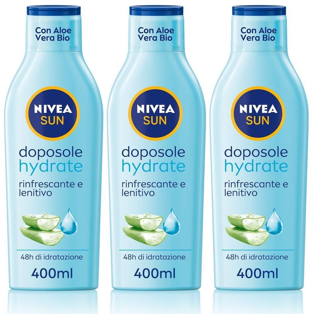 Tre flaconi di Nivea Sun Latte Doposole Hydrate con Aloe Vera Bio.