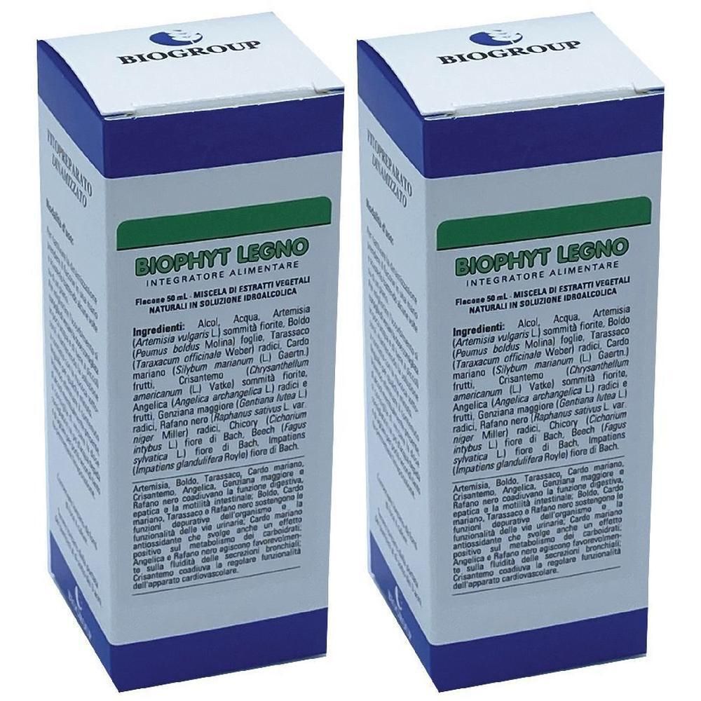 Due confezioni di Biophyt Legno, soluzione idroalcolica, 50 ml. Scatola in cartone con dettagli blu e bianchi.