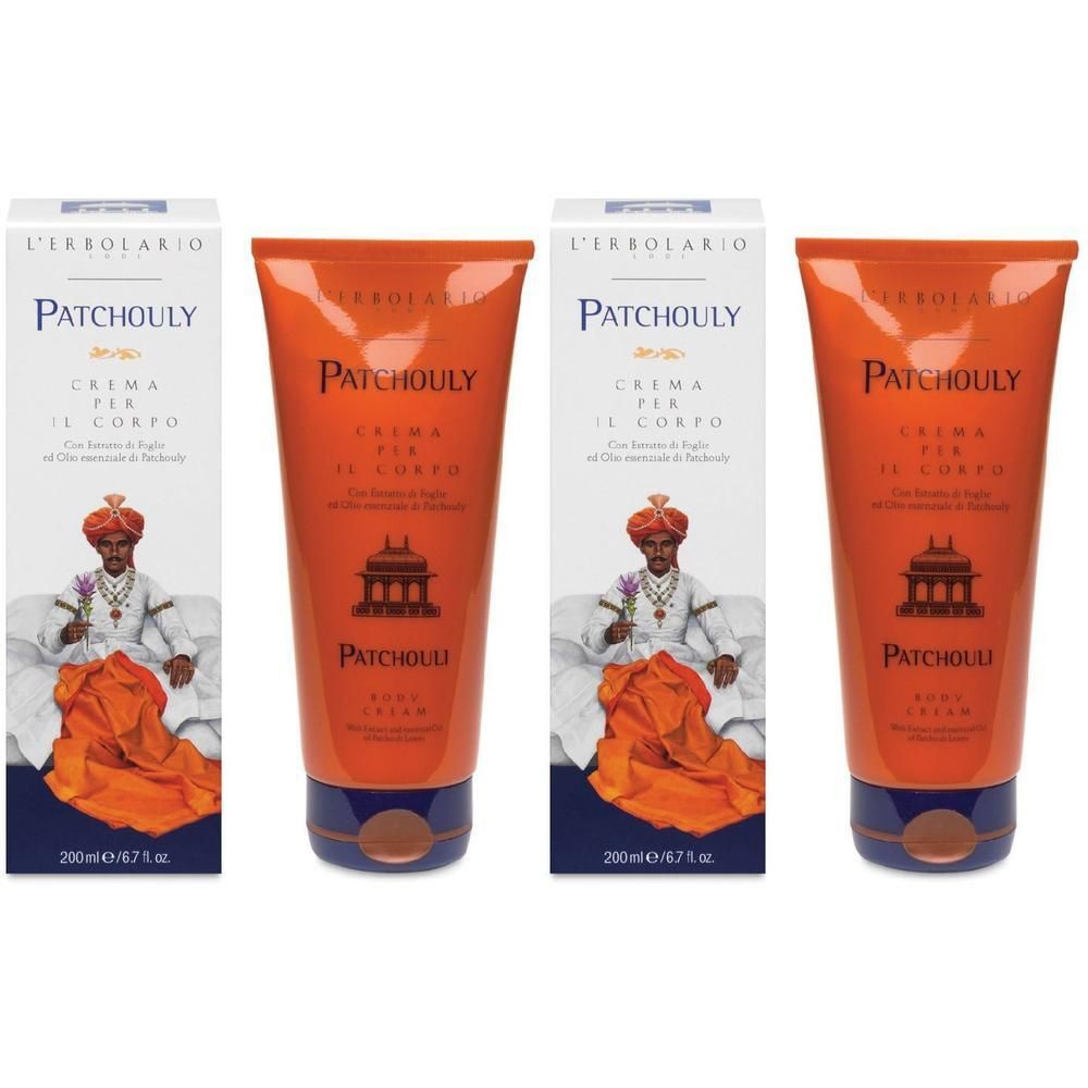 Due tubi e scatole di crema corpo Patchouly con un uomo in abiti tradizionali.