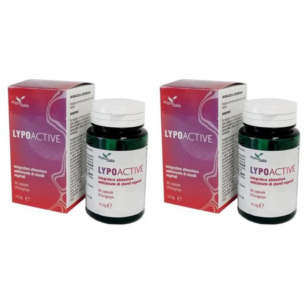 Due confezioni di Lypoactive da 30 capsule ciascuna. Contenitori verde scuro con tappo bianco.