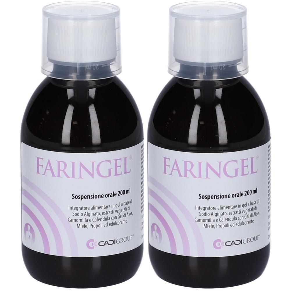 Due flaconi di Faringel Sospensione orale 200 ml con etichetta e misurino.