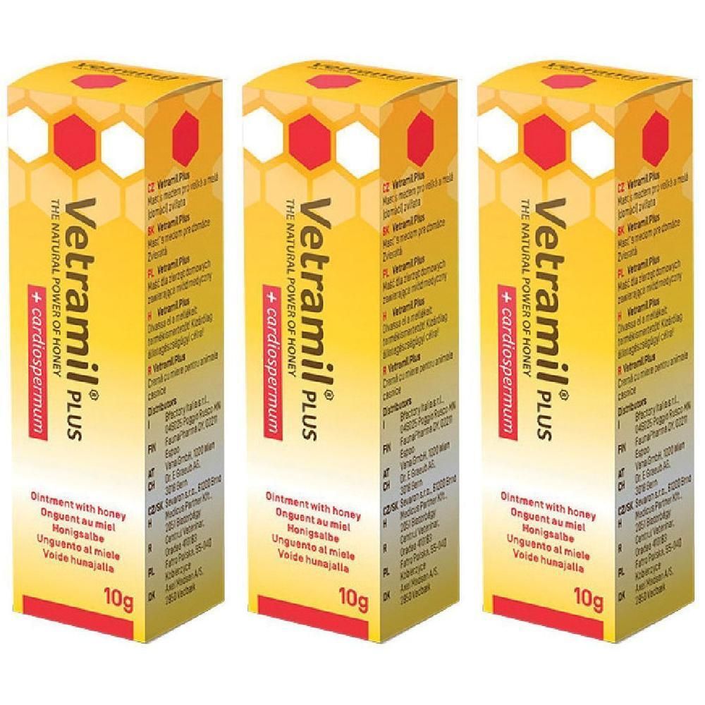Tre confezioni di unguento Vetramil Plus con miele, 10g ciascuna.