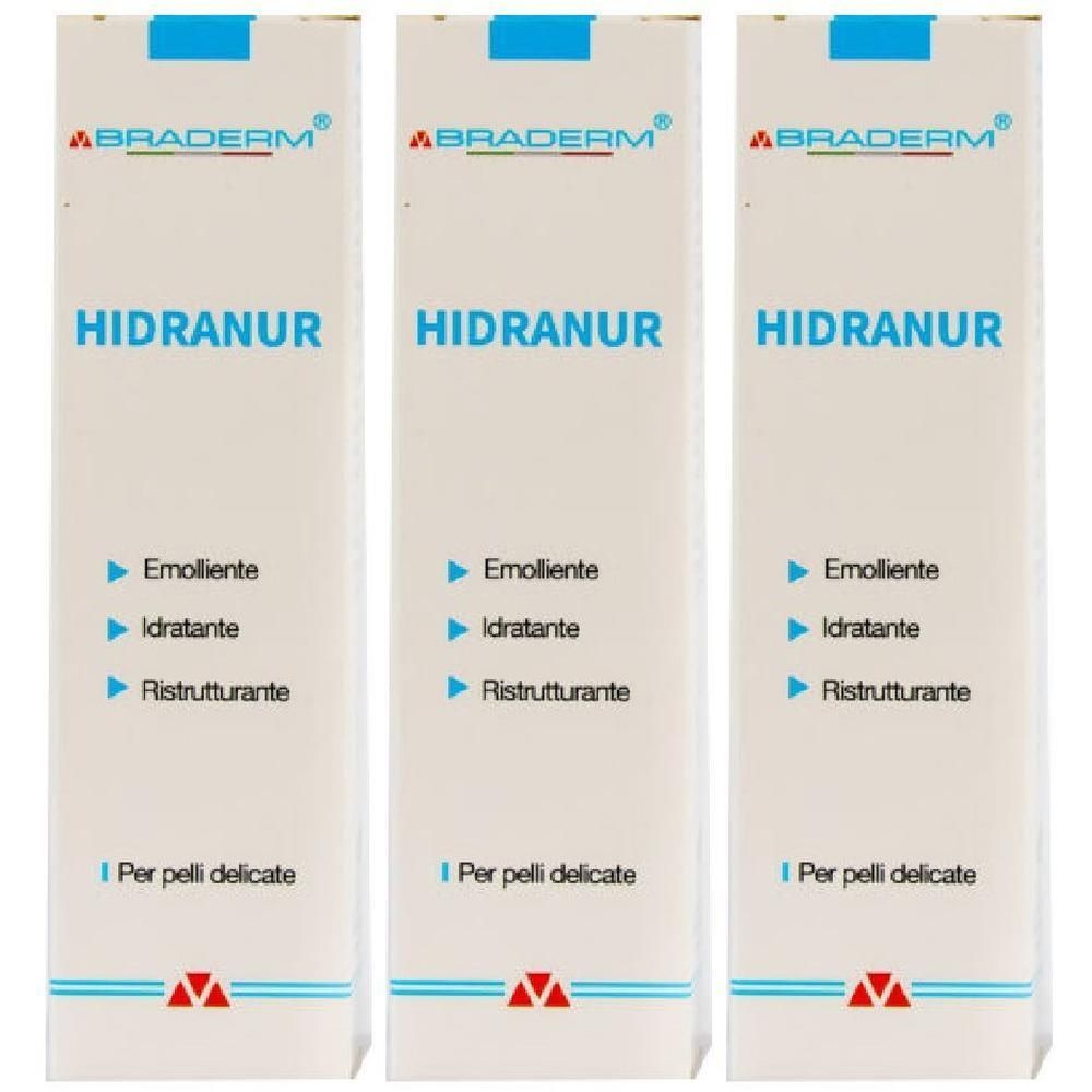 Tre confezioni di Hidranur di Braderm. Emolliente, idratante, ristrutturante. Per pelli delicate.