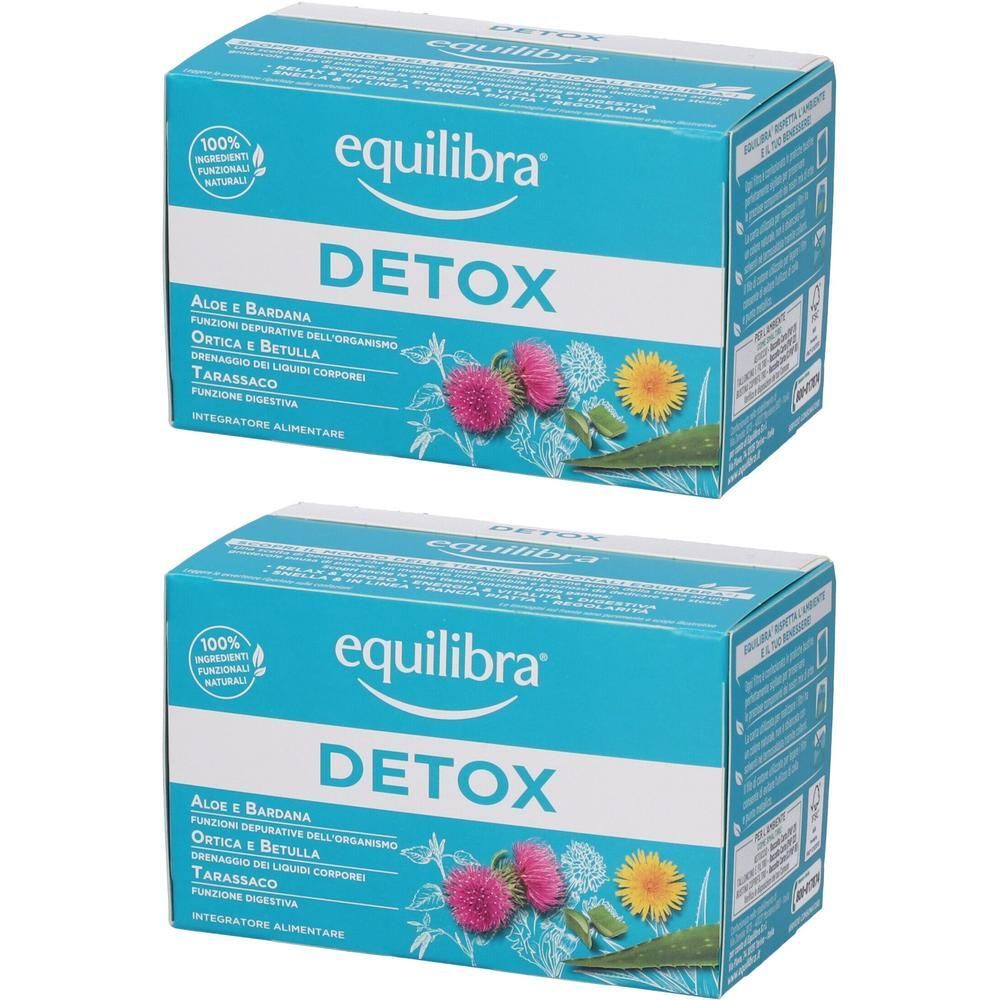 Due confezioni Equilibra Detox con Aloe e Bardana, Ortica e Betulla. Sigillo "100% ingredienti naturali".