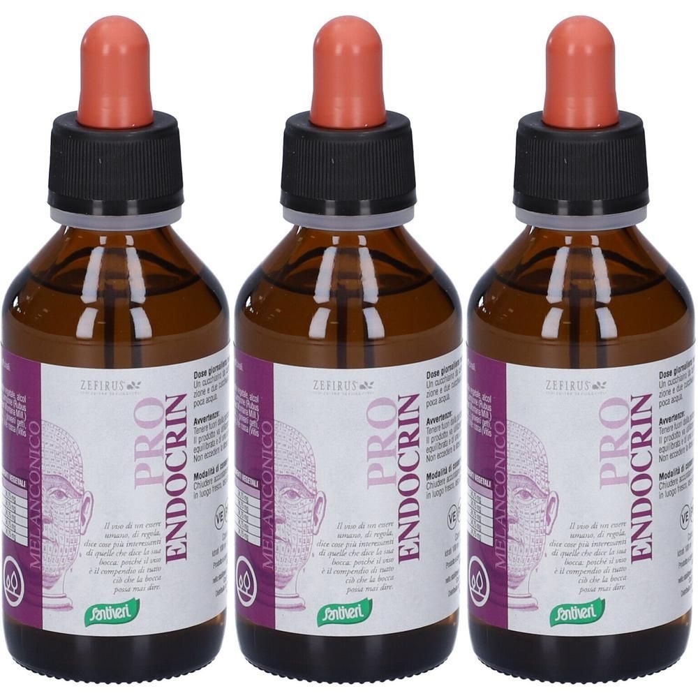 Tre flaconi in vetro marrone con contagocce, riempiti di liquido scuro. Etichette con "PRO ENDOCRIN".